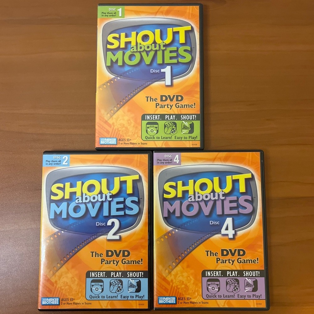 Shout About Movies DVD Party Game Lot Discs 1 2 4 Parker Brothers Trivia 2004
